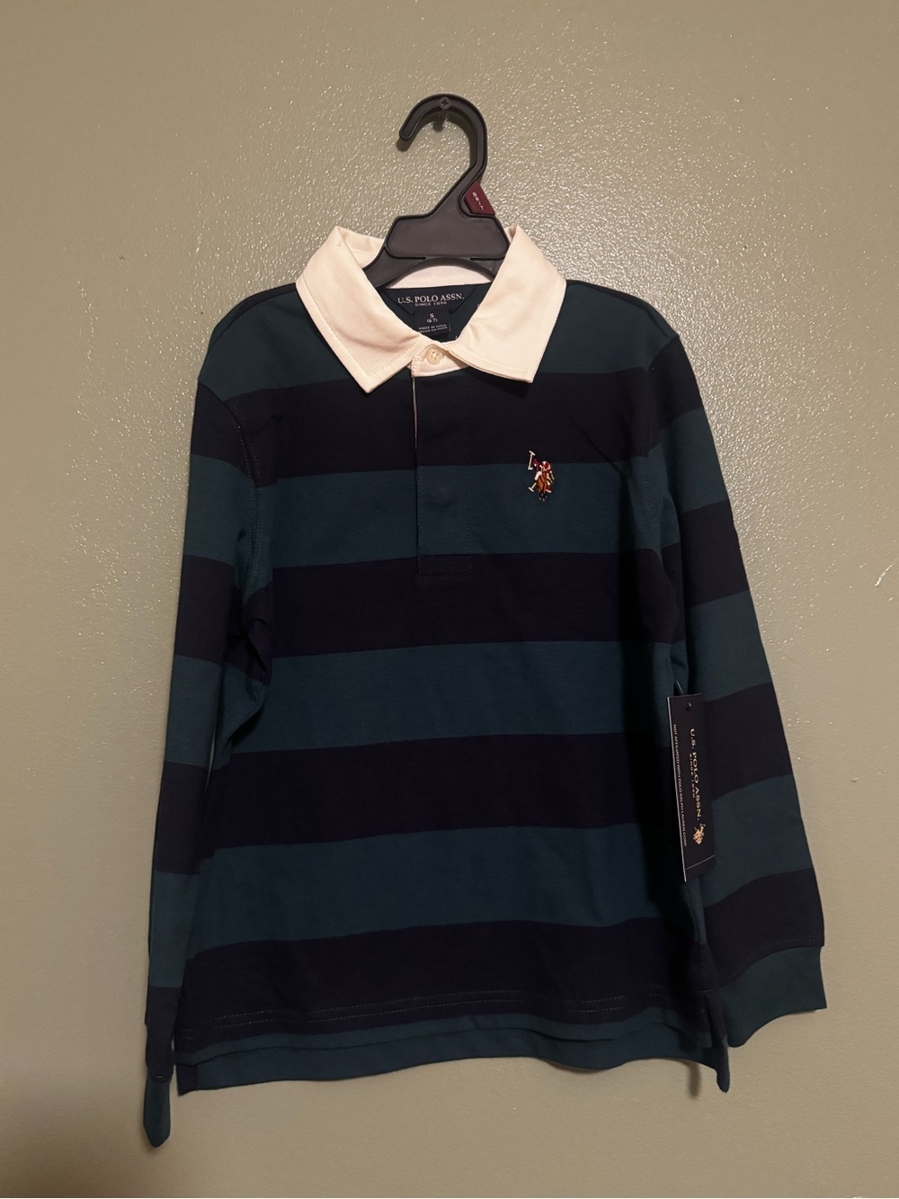 U.S. Polo Assn. White Collar Green & Navy Striped Long-Sleeve Polo